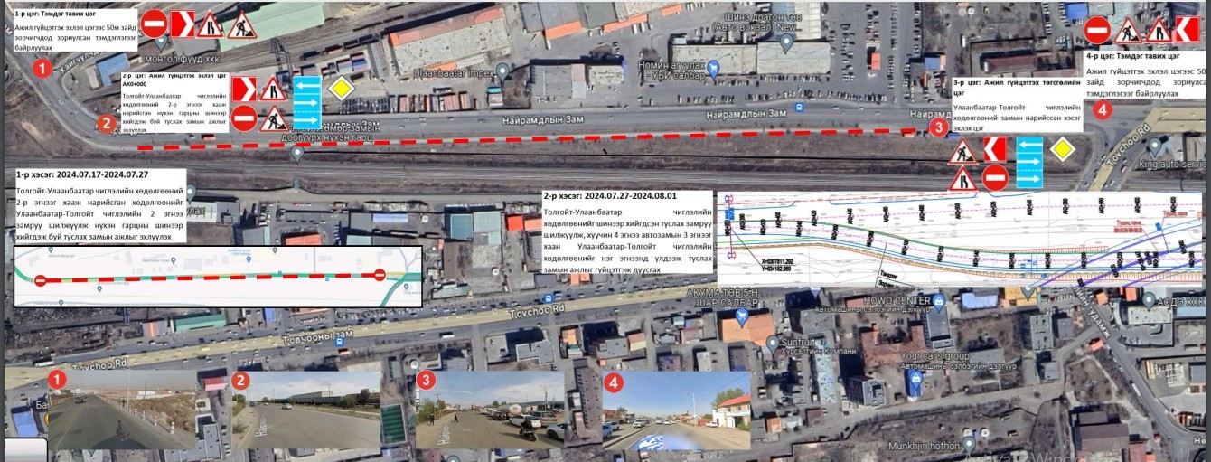 Өнөөдрөөс таван шарын төмөр замын гарцаас Толгойтын эргэлт хүртэлх авто замыг хэсэгчлэн хаана